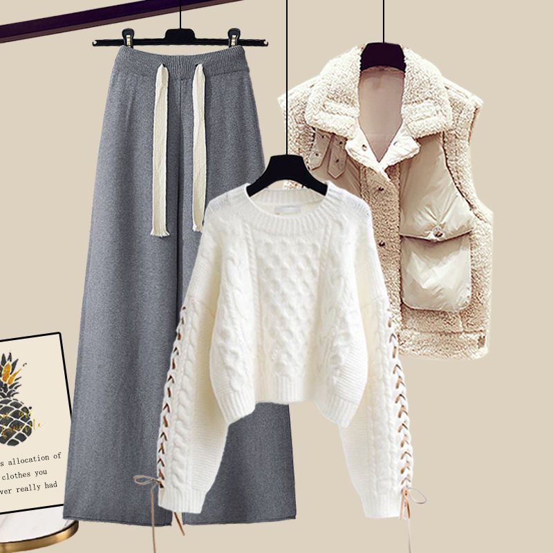 Women's Autumn And Winter Thickened Vest All-matching Knitted Sweater Wide Leg Pants Three-piece Suit