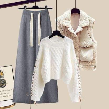 Women's Autumn And Winter Thickened Vest All-matching Knitted Sweater Wide Leg Pants Three-piece Suit