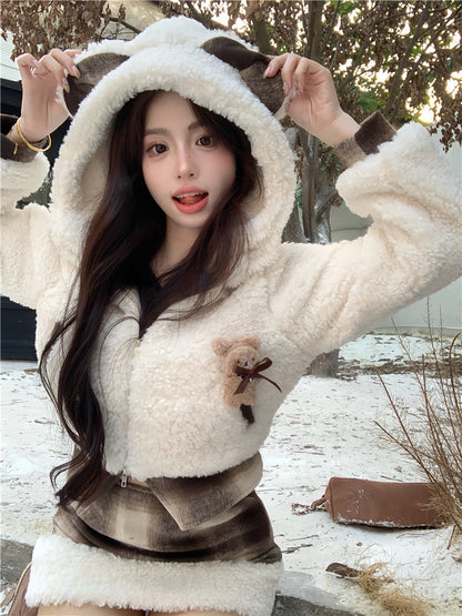 Cute Short Plush Quilted Waist Slimming Sheath Suit
