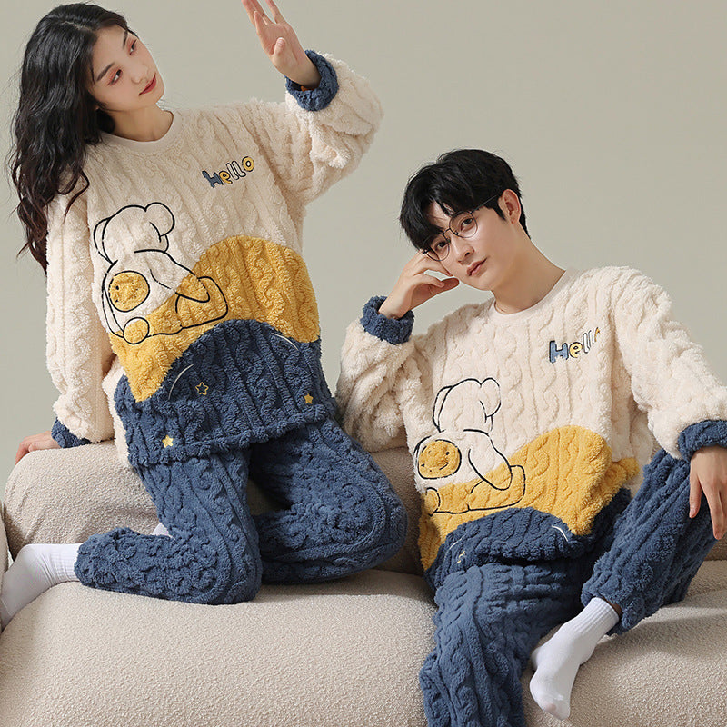 Winter Flannel Pyjamas Female Couple Thermal Cover Cute Student Men's Casual Cartoon Homewear Set Velvet