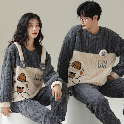 Winter Flannel Pyjamas Female Couple Thermal Cover Cute Student Men's Casual Cartoon Homewear Set Velvet
