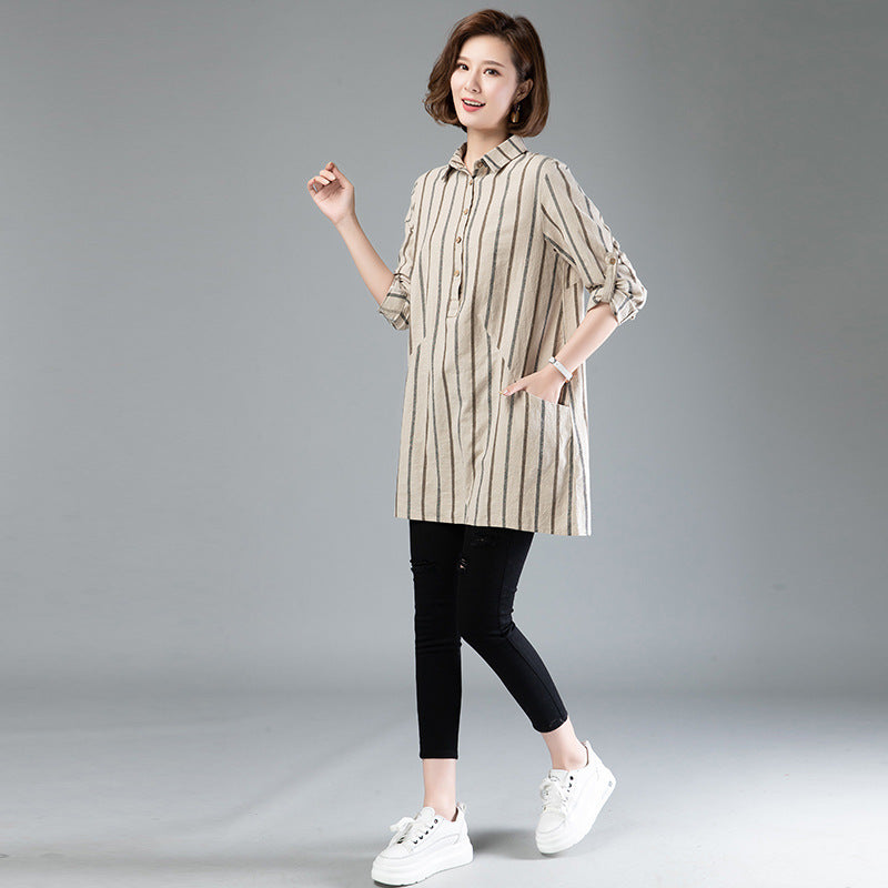 Striped Lapel Mid-Length Long-Sleeved Shirt Women