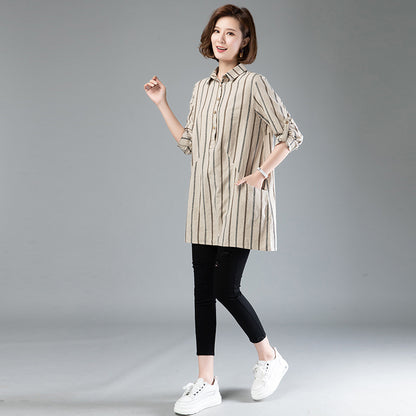 Striped Lapel Mid-Length Long-Sleeved Shirt Women