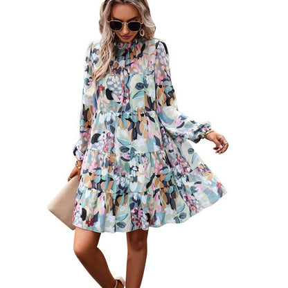Puff Sleeve Elegant Long Sleeve Printed Dress