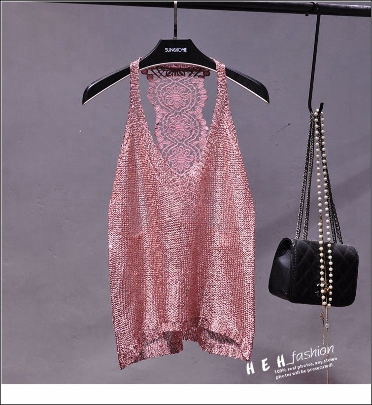 Sexy Off-shoulder Vest Halter Sequined Lace Top