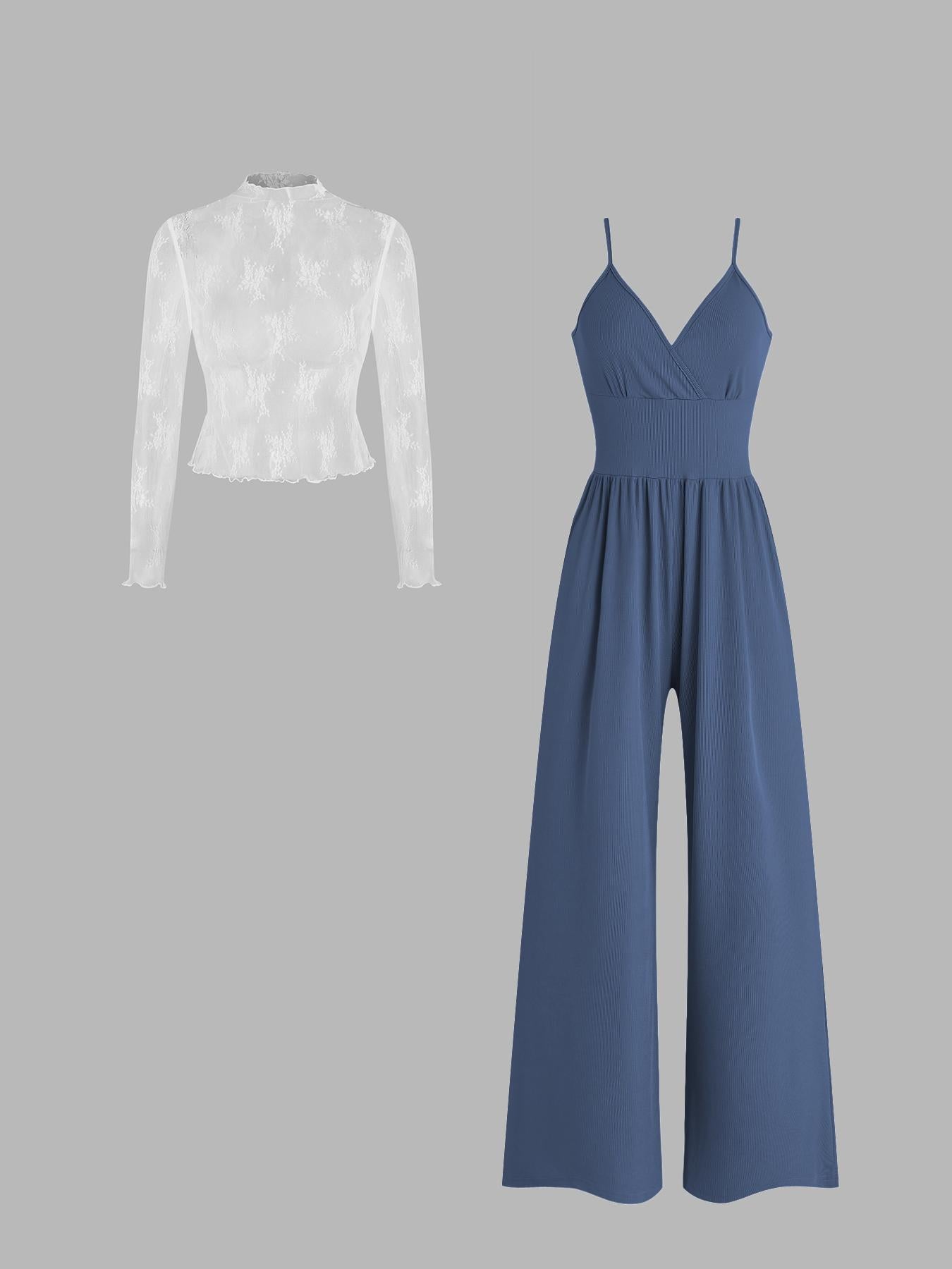 Lace Long Sleeve Sling Slim Fit Bodysuit V-neck Wide Leg Suit