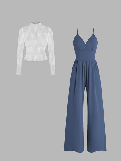 Lace Long Sleeve Sling Slim Fit Bodysuit V-neck Wide Leg Suit