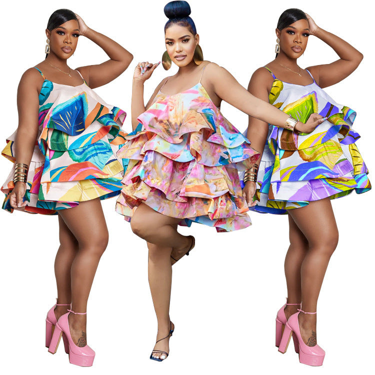 Light Color Printing Layer Fishbone Sling Short Dress