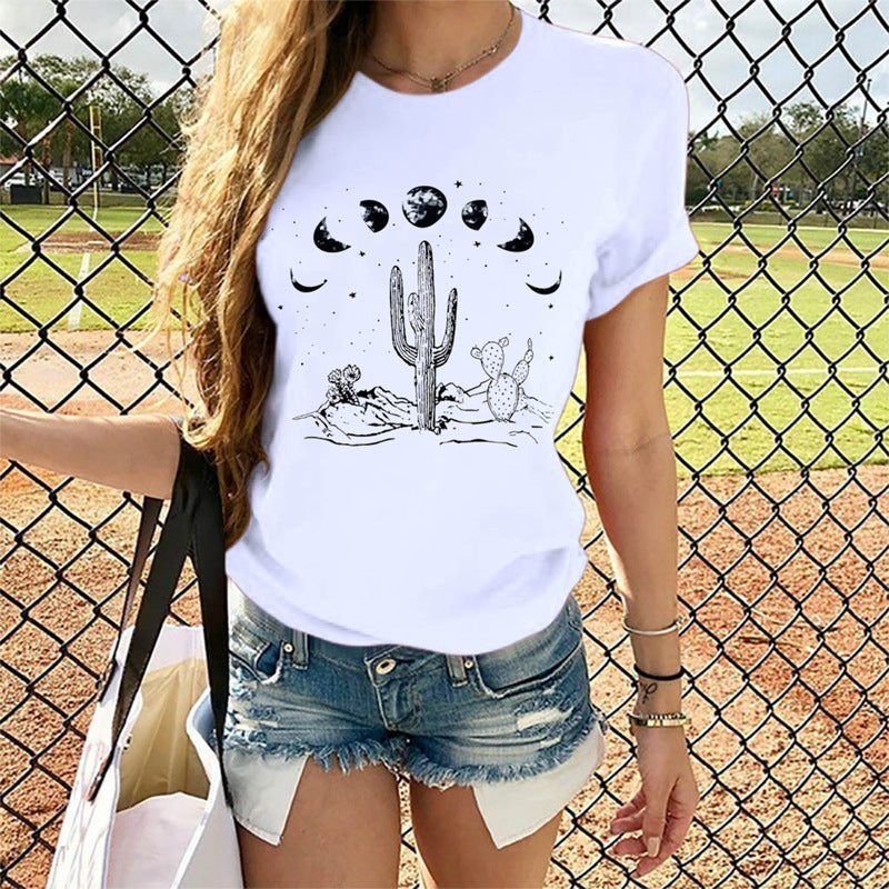 Cactus Print Round Neck Short Sleeve T-Shirt
