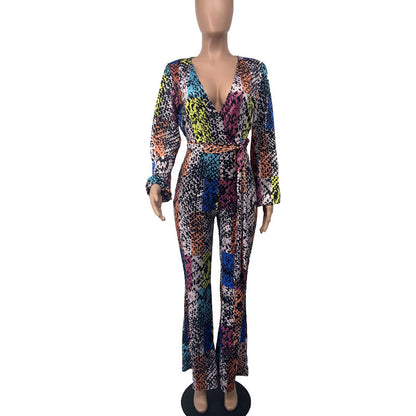Fashion Printed Flared Long-sleeved Jumpsuit Wide Leg Pants