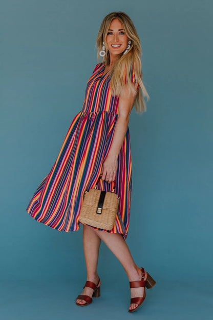 Rainbow Stripes Printed V-neck Parent-child Dress Mother-daughter Matching Outfit Children's Clothing