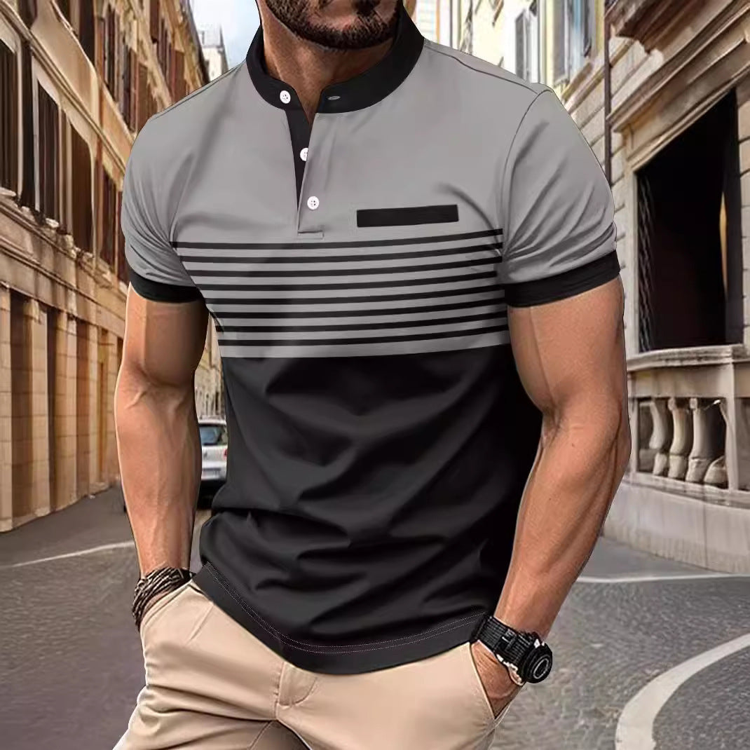 Multicolor Printing Striped Stand Collar Top For Men