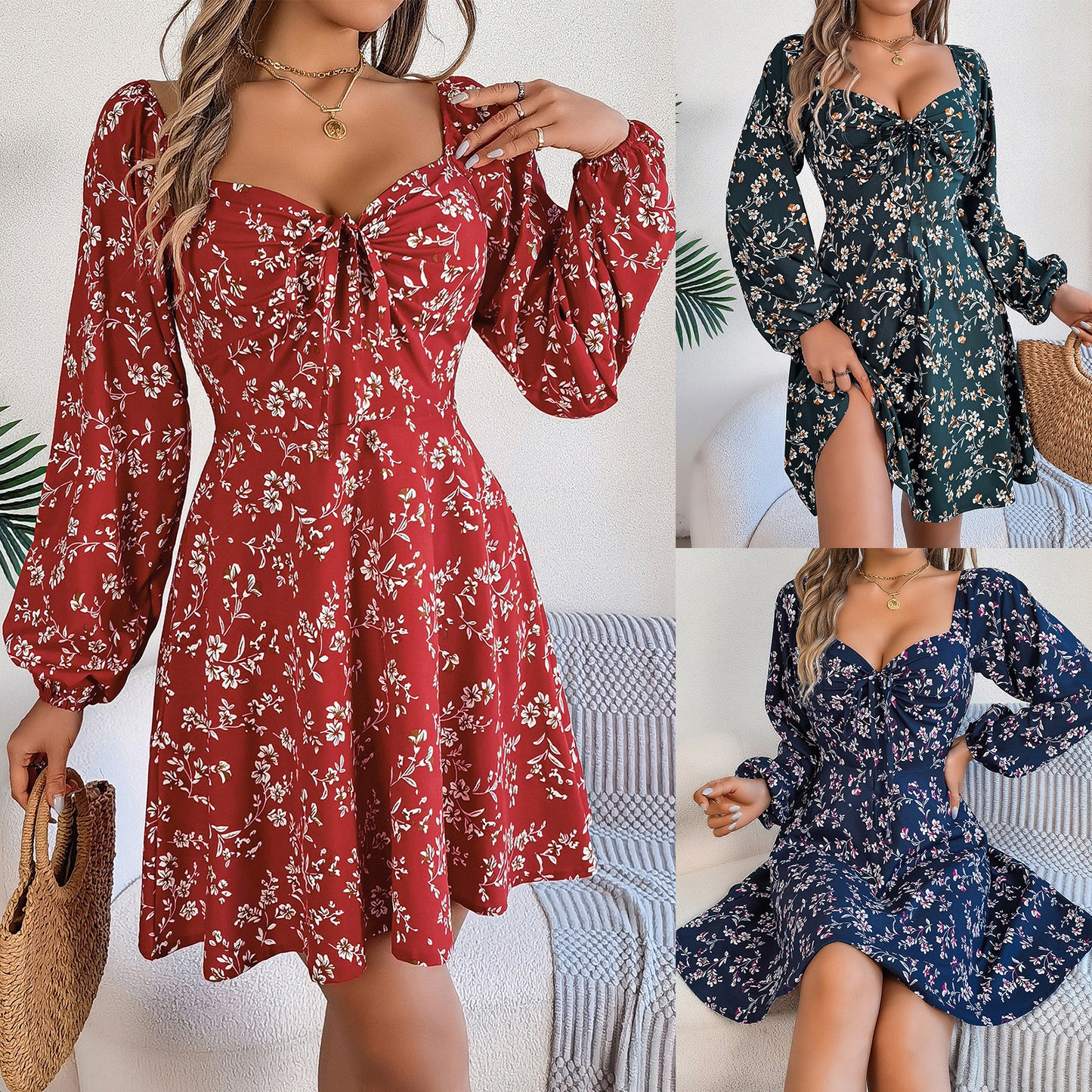 Casual Lace Up Square Collar Floral Print Long Sleeve A- Line Dress