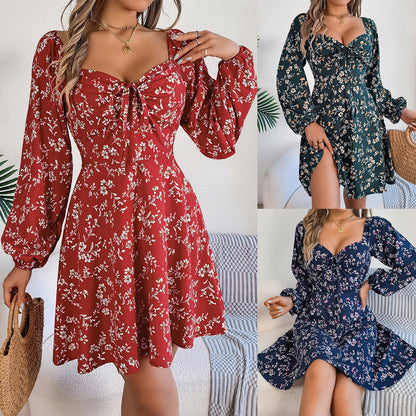 Casual Lace Up Square Collar Floral Print Long Sleeve A- Line Dress