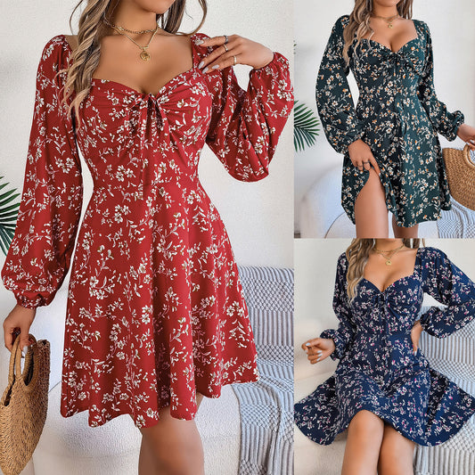 Casual Lace Up Square Collar Floral Print Long Sleeve A- Line Dress