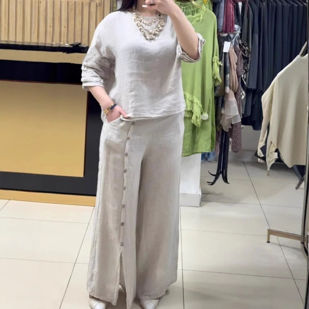 Women's Fashion Casual Loose Solid Color Cotton Linen Short Sleeve Shirt Two-piece Pants Long