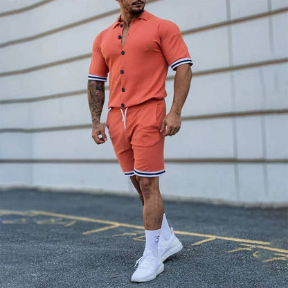 Men's Exercise New Solid Color Lapel Button Short-sleeved Shirt And Shorts Suit