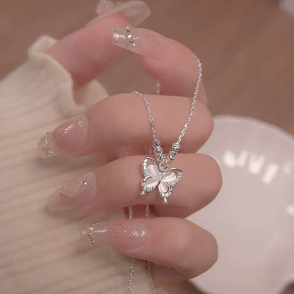 Women's Square Line Opal Butterfly Necklace