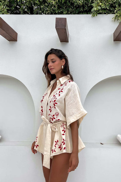 Women's Printed Lace Up Waist-tight Cardigan 5-point Sleeve One-piece Shorts