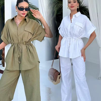 European And American Style Fashion Casual Set Women's Overalls Style Drawstring Pocket Two-piece Women's Clothing