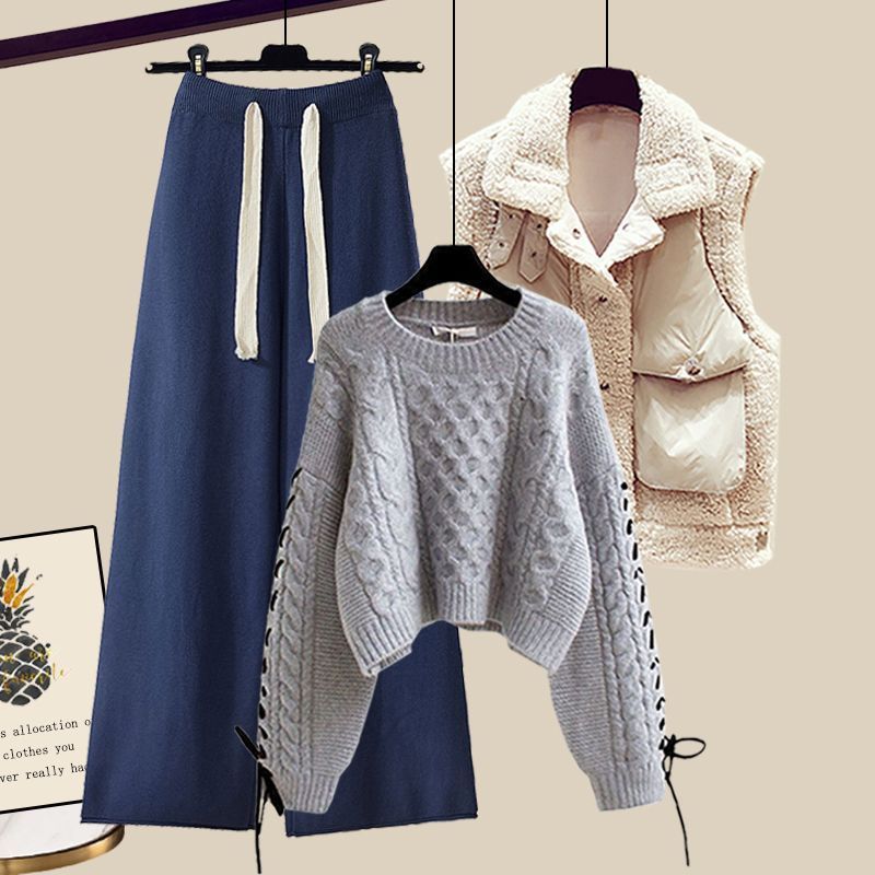 Women's Autumn And Winter Thickened Vest All-matching Knitted Sweater Wide Leg Pants Three-piece Suit