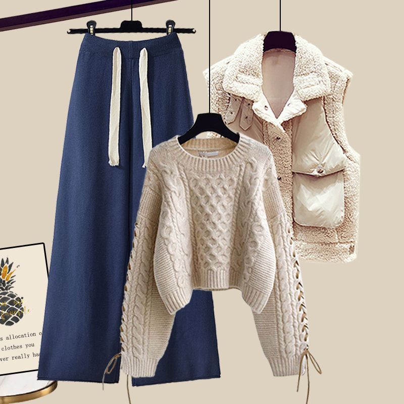 Women's Autumn And Winter Thickened Vest All-matching Knitted Sweater Wide Leg Pants Three-piece Suit