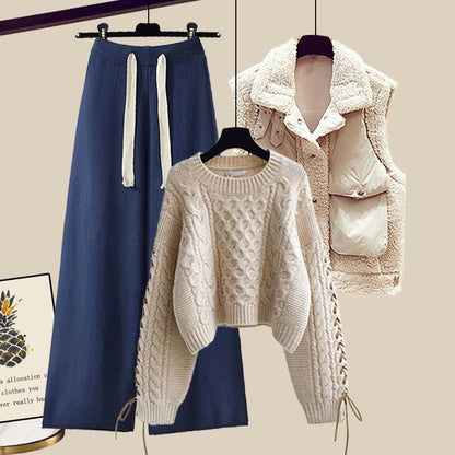 Women's Autumn And Winter Thickened Vest All-matching Knitted Sweater Wide Leg Pants Three-piece Suit