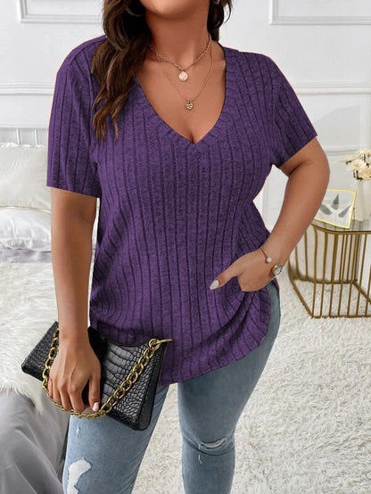 Solid Color Plus Size Women's Clothes Top V-neck Sunken Stripe Short Sleeve T-shirt