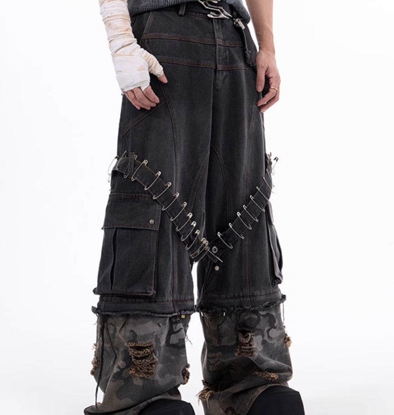 Men's Camouflage Splicing Structure Pin And Ribbon Jeans