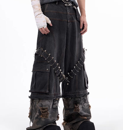 Men's Camouflage Splicing Structure Pin And Ribbon Jeans