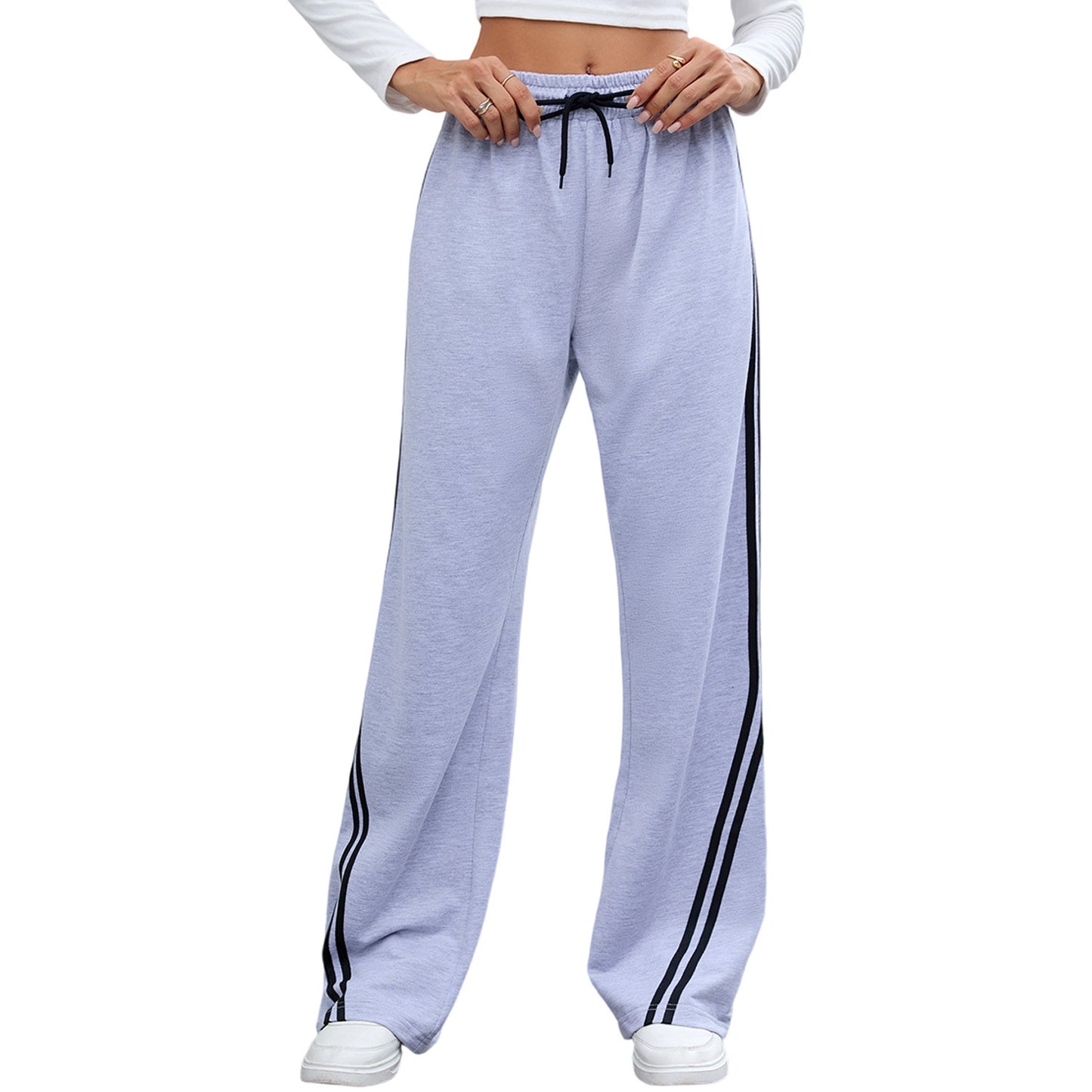 European And American Loose Straight Wide-leg Pants Stripes Lace Up Casual Sweatpants