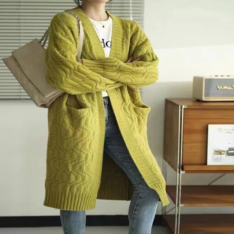 Retro Thickened Knitting Mid-length Outerwear Cable-knit Sweater Coat