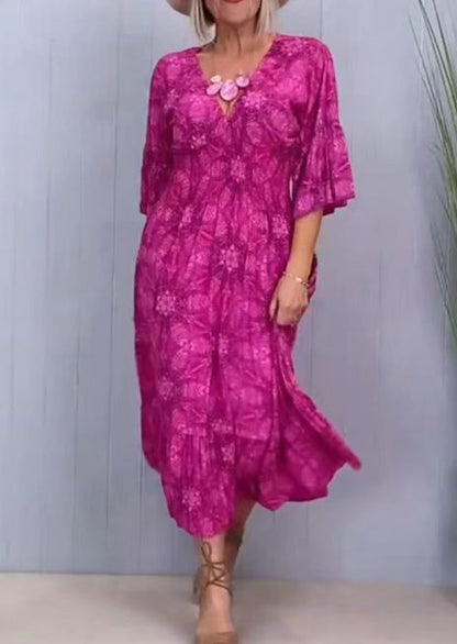 European American Fashion Floral Print V-neck Elegant Dress