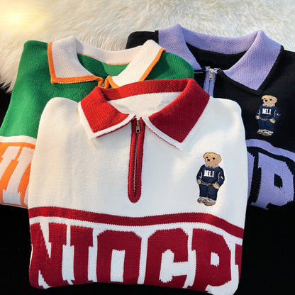 Loose Student Half Zip Lapel Top