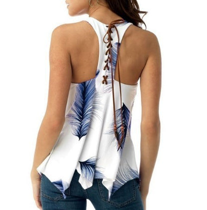 Women's Backless Lace-up Leaf Print Top