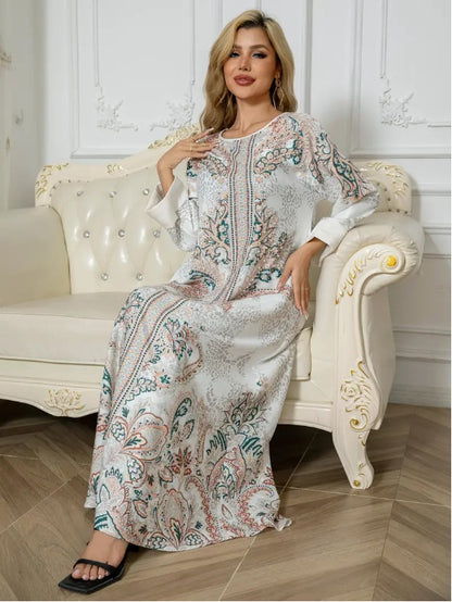 Elegant Floral Print Long Sleeve Abaya Dress