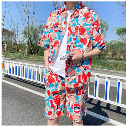 Fashion Ice Silk Short Sleeve Flower Shirt Suit For Men