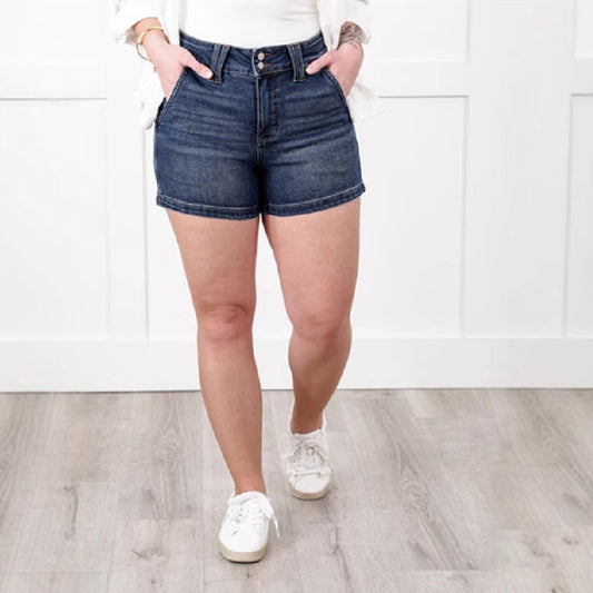 New Summer Women's Fashion High Waist Double Buckle Denim Shorts
