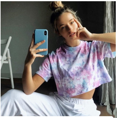 Printed loose short sleeves cropped t-shirt