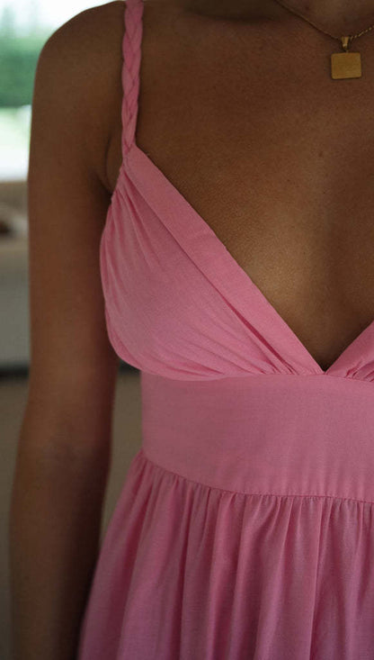 Solid Color V-neck Suspender Stitching Large Swing Long Dress