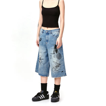 American Style Retro Street Graffiti Printing Destroyed Wormhole Cropped Jeans