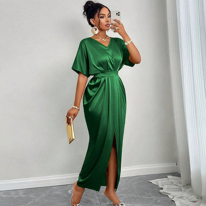 V-neck Short Sleeve High Waist One-step Slit Dress