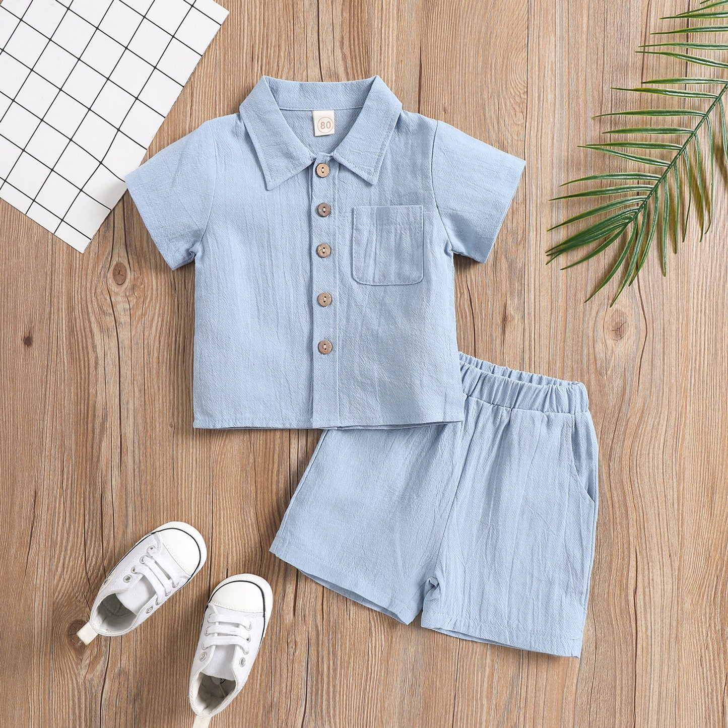 Cotton And Linen Short-sleeved Lapel Polo Shirt Solid Color Boys' Two-piece Suit
