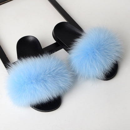 Real hair fox fur slippers female summer word drag fur plush shoes outside wearing sandals slip flat bottom