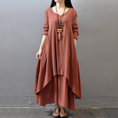 Loose Long Sleeve Cotton And Linen Skirt