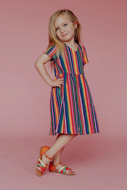 Rainbow Stripes Printed V-neck Parent-child Dress Mother-daughter Matching Outfit Children's Clothing