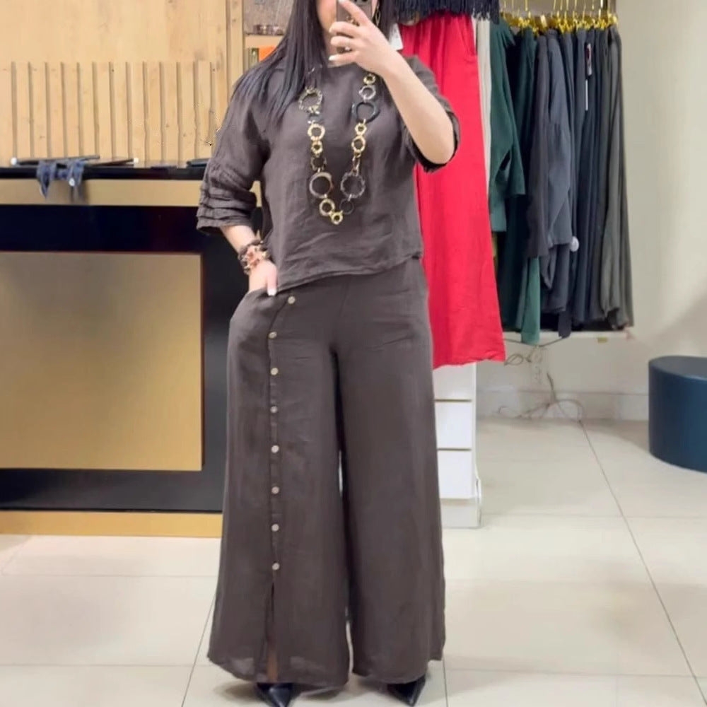 Women's Fashion Casual Loose Solid Color Cotton Linen Short Sleeve Shirt Two-piece Pants Long