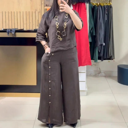 Women's Fashion Casual Loose Solid Color Cotton Linen Short Sleeve Shirt Two-piece Pants Long
