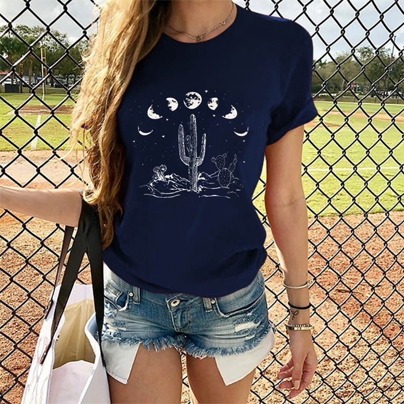 Cactus Print Round Neck Short Sleeve T-Shirt