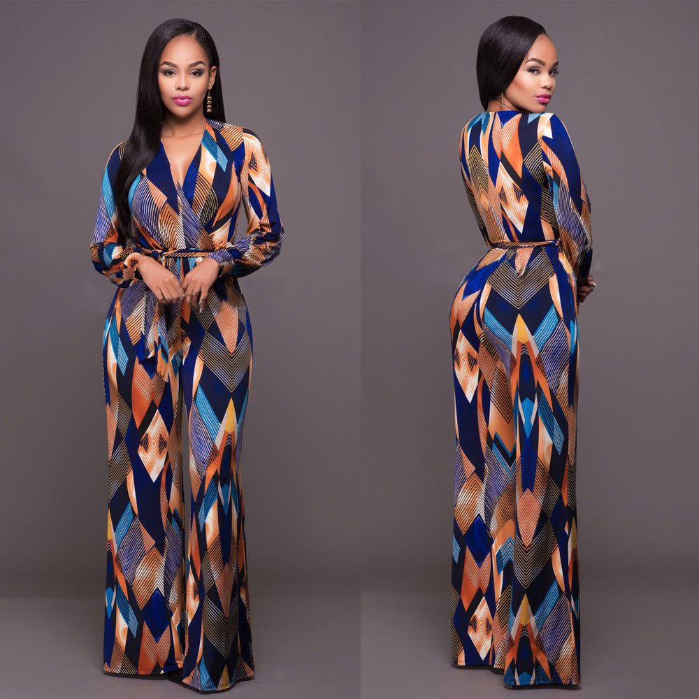 European and American big fashion digital printing women's straps jumpsuit